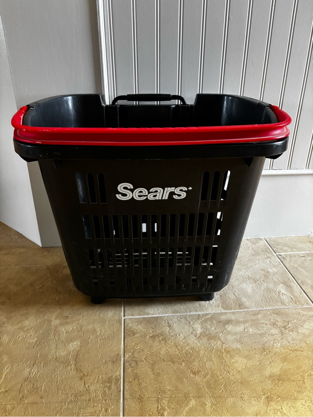 Sears Black Plastic Shopping Basket with handle & pull handle on wheels